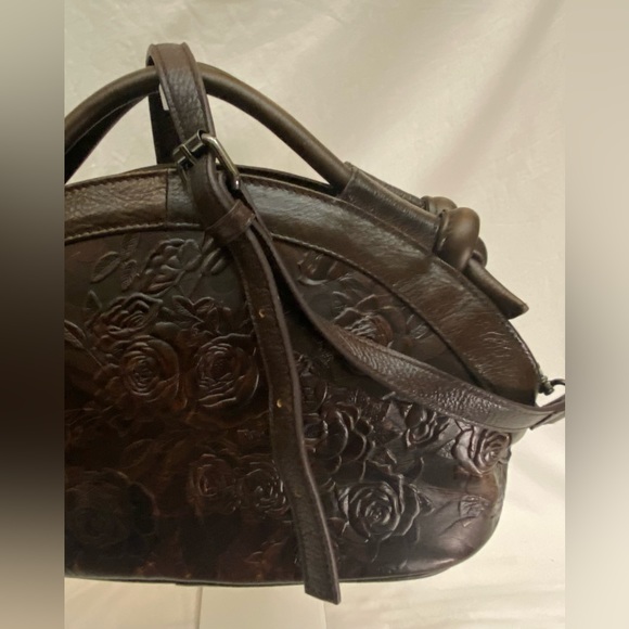 Retro Tooled Coffee Brown Leather Cowhide Two-Way Handbag Adjustable Strap EUC - Picture 8 of 16